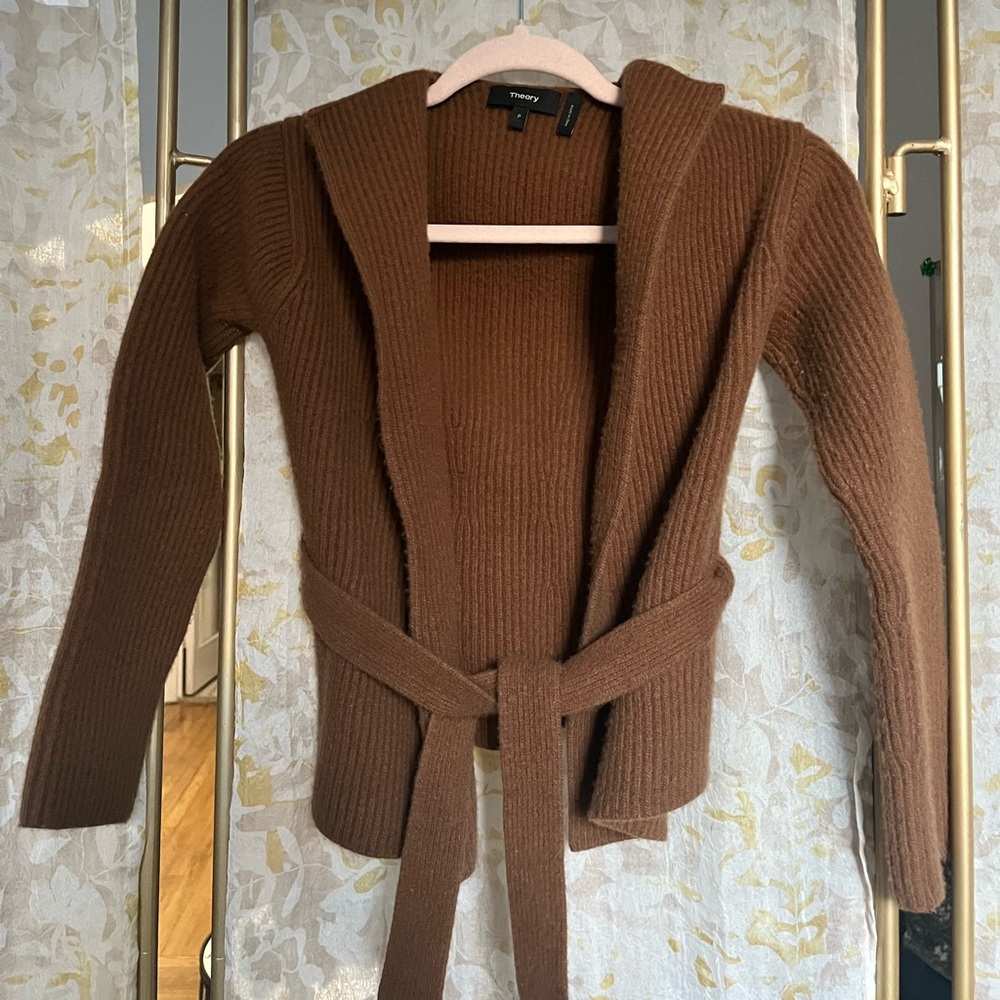 Theory open cropped sweater cardigan with removable belt